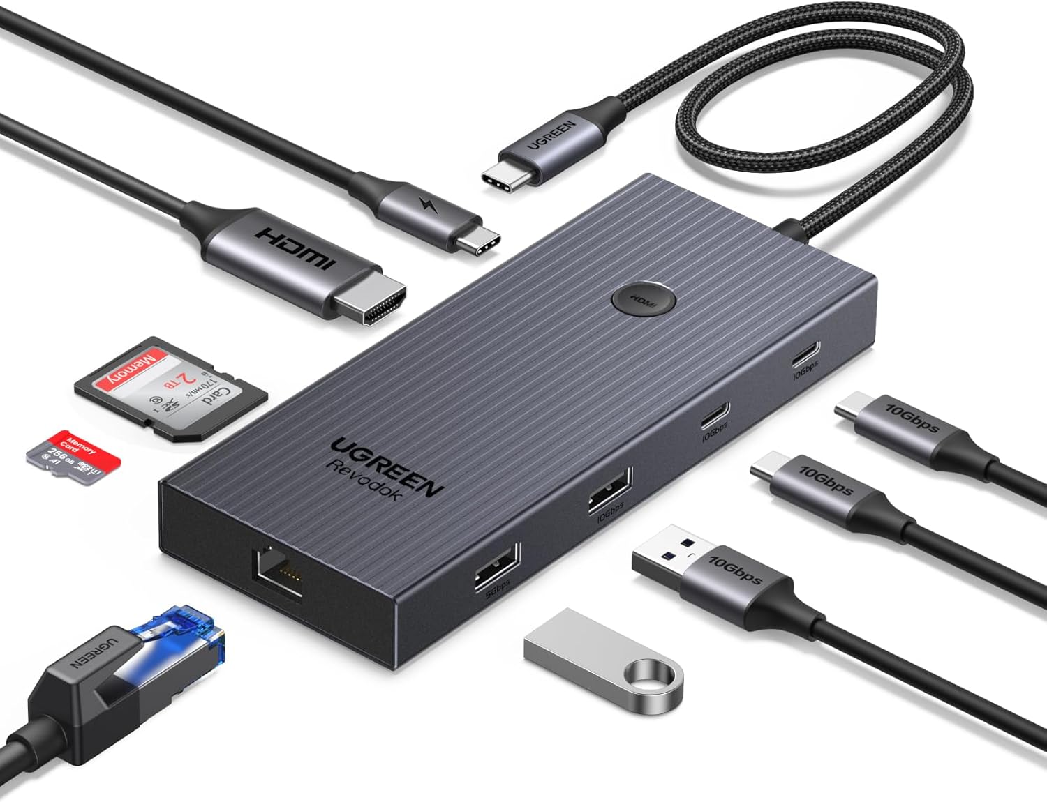 UGREEN Revodok Pro 9 en 1 USB C Hub Adaptador Gigabit Ethernet HDMI 4K@60Hz, carga PD de 100 W, puertos de datos USB A, lector de tarjetas SD/TF compatible con Mac M1, M2, M3, M4, Steam Deck