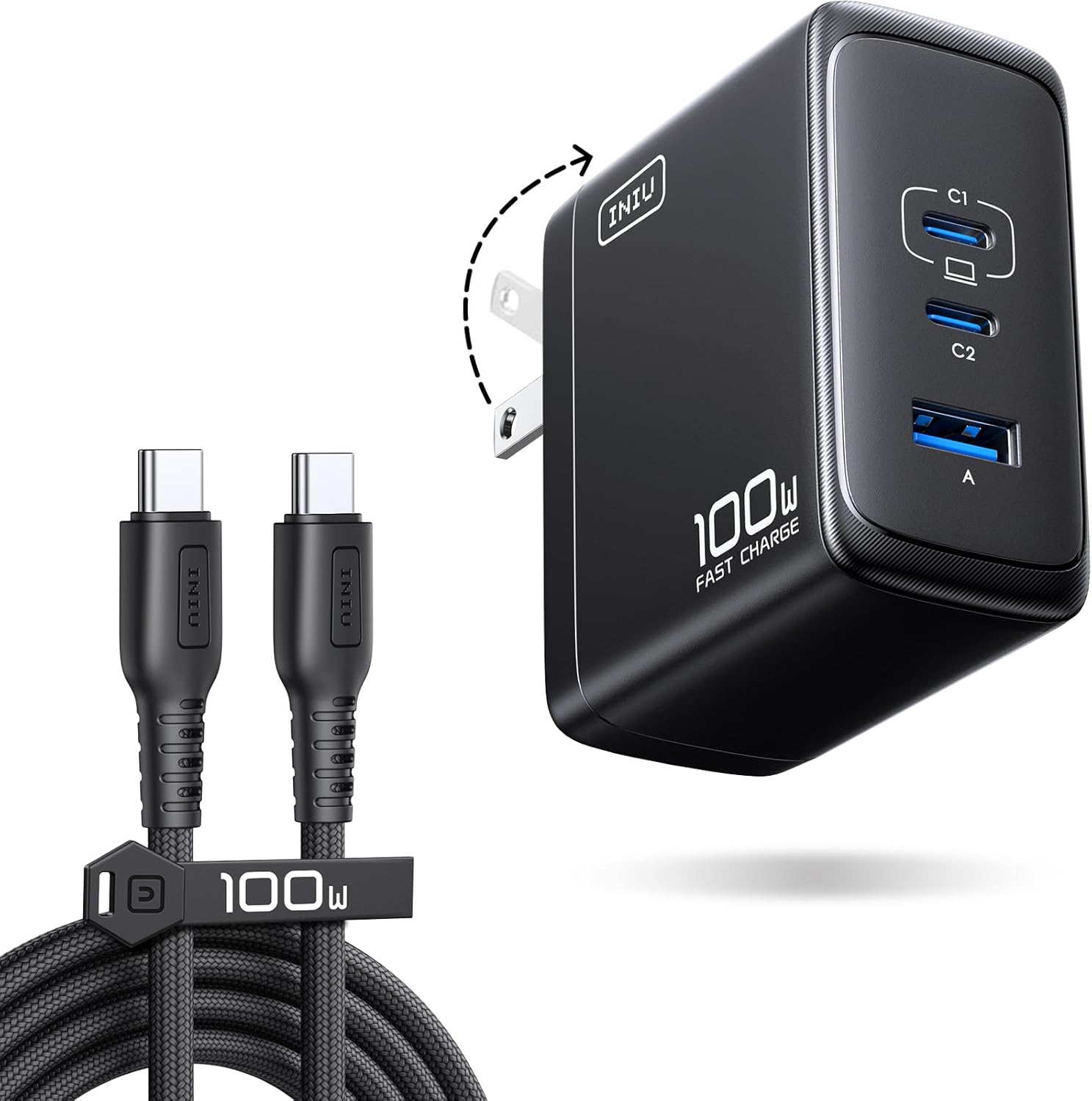 INIU Cargador para Macbook Pro, carga rápida de 100 W GaN Tech, cargador plegable compacto de 3 puertos con cable USB C, adaptador de corriente para Mac Book Air 15 M3 14 Pro, iPhone 17 16 Pro Max