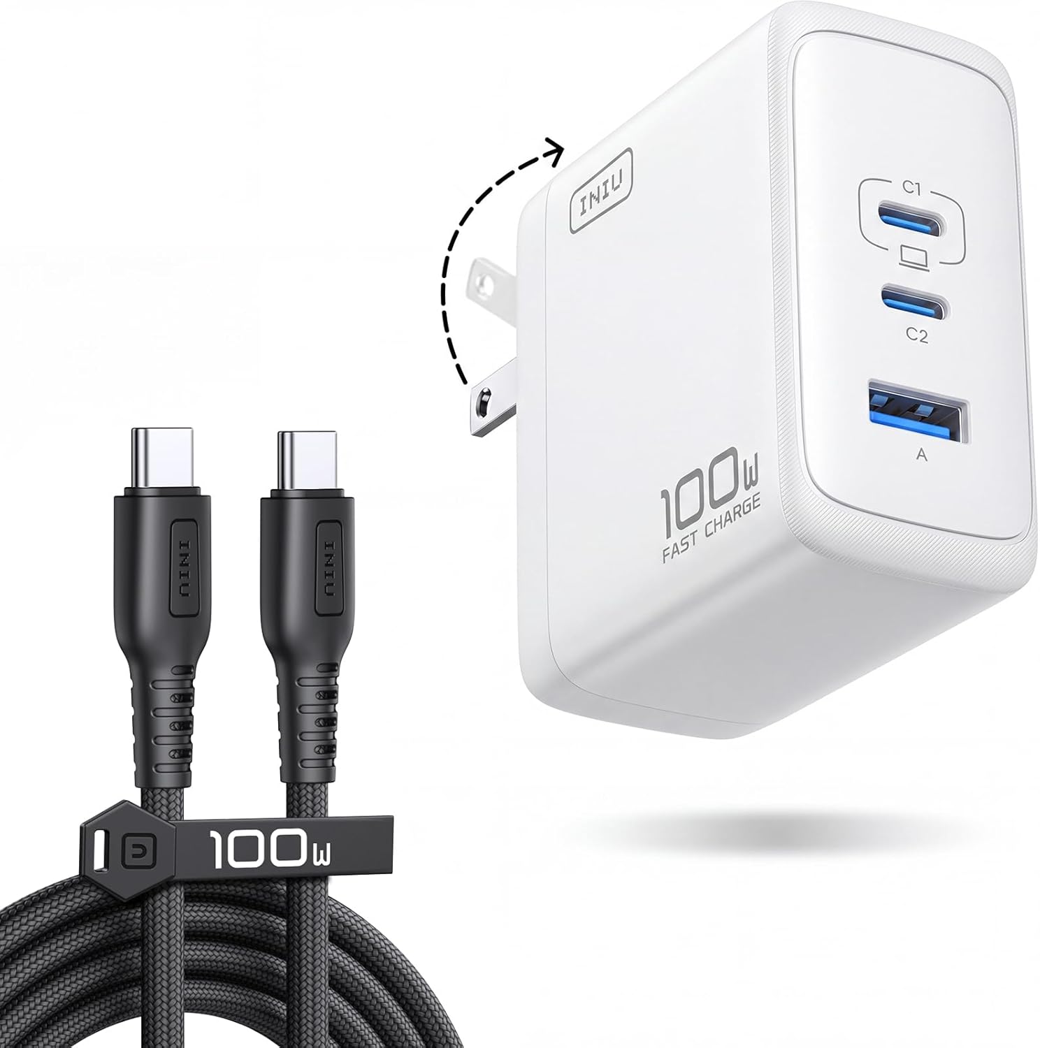 INIU Cargador USB C GaN de 100 W, bloque de carga rápida compacto de 3 puertos con cable USB C de 100 W de 5 pies, cargador plegable de viaje para MacBook Pro Air 15 14, iPhone 17 16 Pro Max, Samsung S26 S25 Dell, etc. Blanco