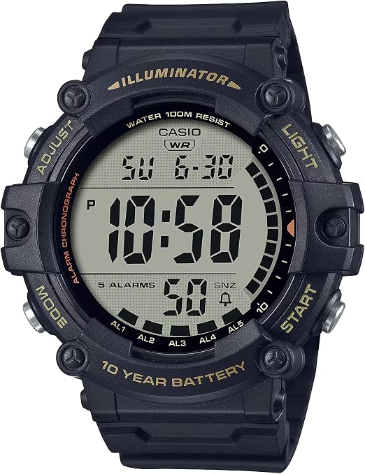 Casio Illuminator AE1500WH Series | Batería de 10 años | Retroiluminación LED | 5 alarmas | Cronómetro de 1/100 segundos | Reloj digital para hombre, Negro, Extralargo, Deporte
