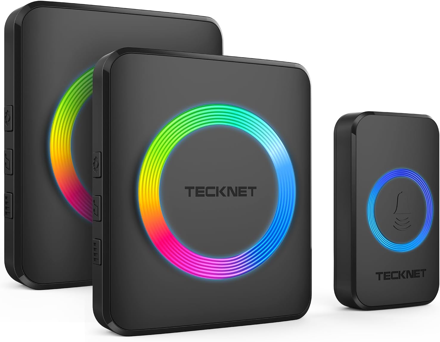 TECKNET Timbre inalámbrico con 2 receptores enchufables, timbres impermeables IP65 para el hogar, rango de funcionamiento de 1300 pies, 60 melodías y 5 niveles de volumen de 0 a 120 dB, luz RGB para